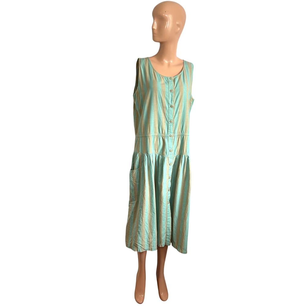 Phool Blue Tan Striped Buttons Pleated Cotton M Midi Dress Coastal Prairie Boho